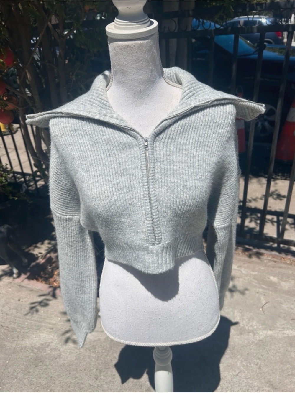 Blanc Clothing Cropped Light Gray Half-Zip Knit Sweater